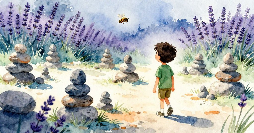 Joel退後欣賞整齊堆放的石頭，背後薰衣草邊飛著一隻蜜蜂，中央空地展示有序跡象，象徵冒險尚未結束，畫面充滿寧靜與期待。