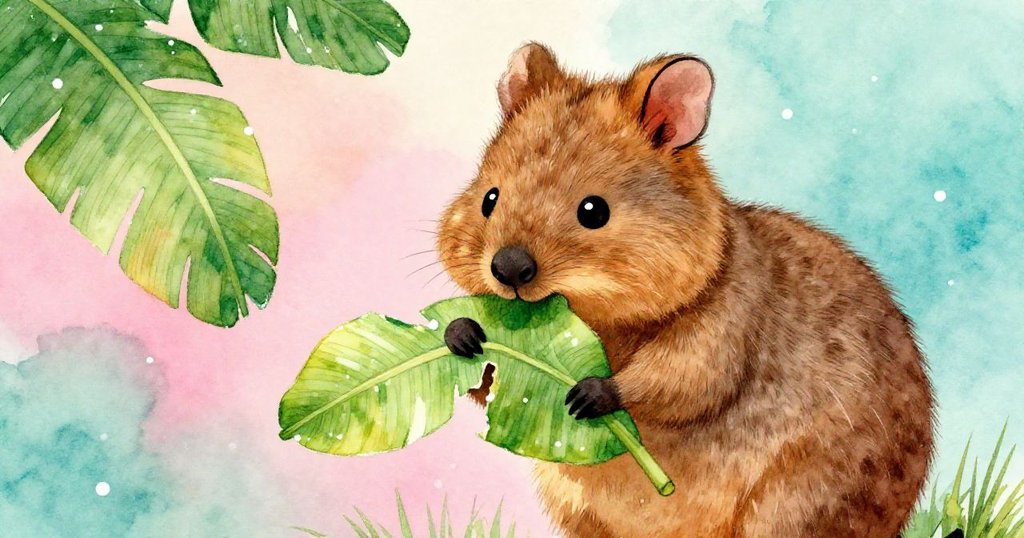 動物露出柔和的表情，嘴裡叼著明亮的綠色香蕉葉，雪花輕拂，呈現故事發展轉折