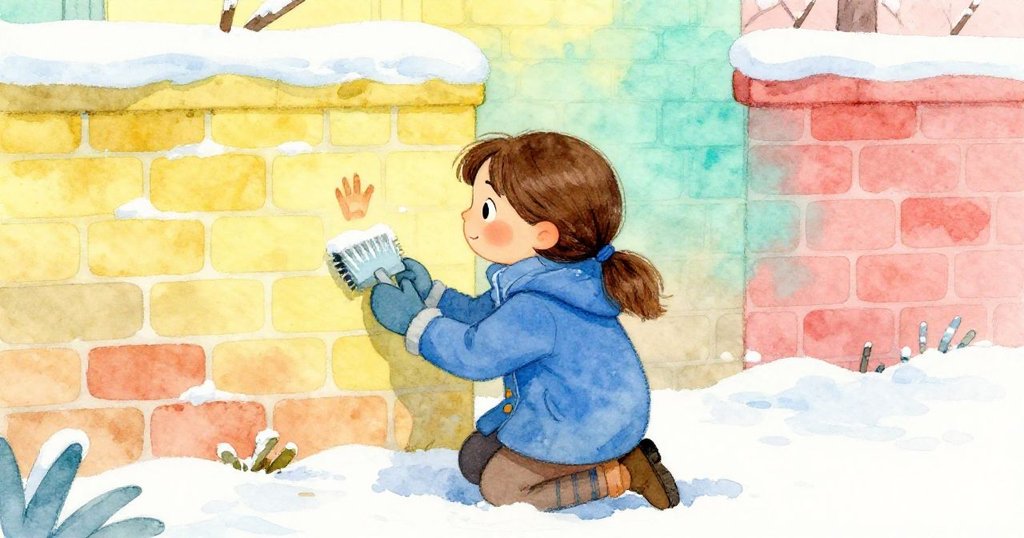 費伊蹲坐在雪牆內側，用手套輕拂散落的雪，驚奇發現細小足跡，展示故事發展