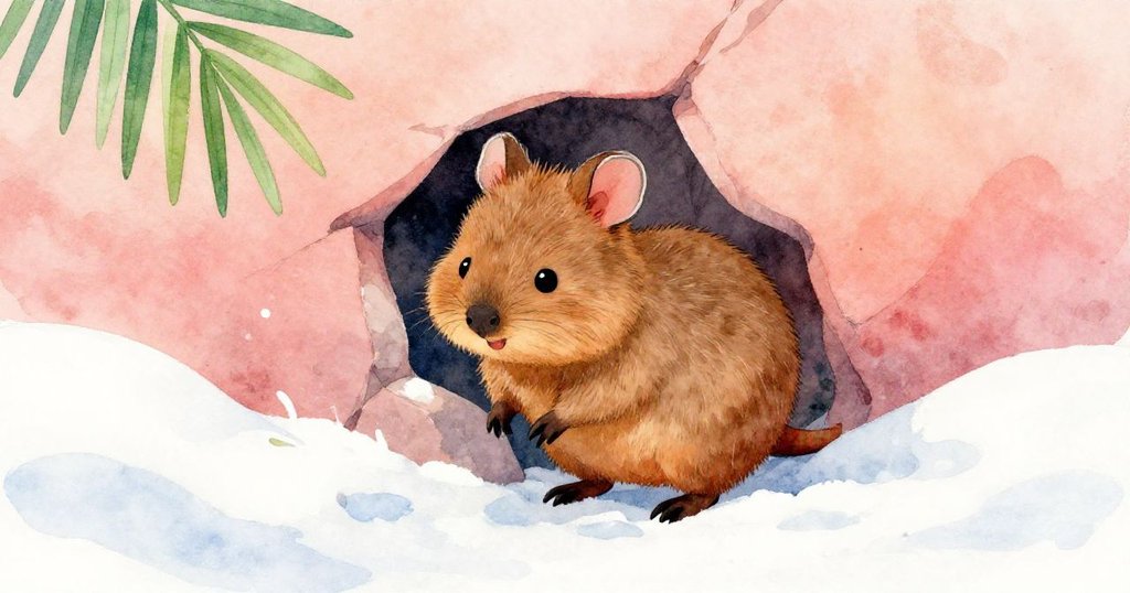 樹苺般溫暖的光線下，動物小心翼翼擠入雪牆縫隙，露出好奇滿滿的表情，表現故事高潮