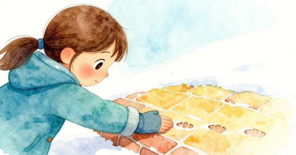 費伊用手套輕拂雪磚上細小的足跡，臉上流露出驚奇與柔情，呈現故事發展高峰