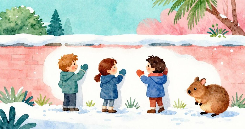 肯特與費伊快樂地站在完成的雪牆旁，小動物安靜地探出頭來，故事圓滿結局充滿喜悅