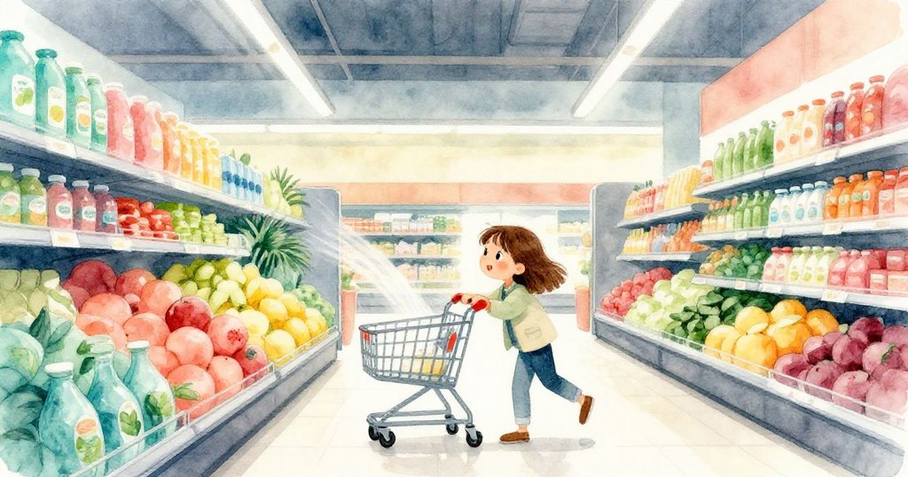 Clara在現代超市中推著鬆動手推車，背景有發光燈光和噴霧器，神情期待踏上購物旅程。