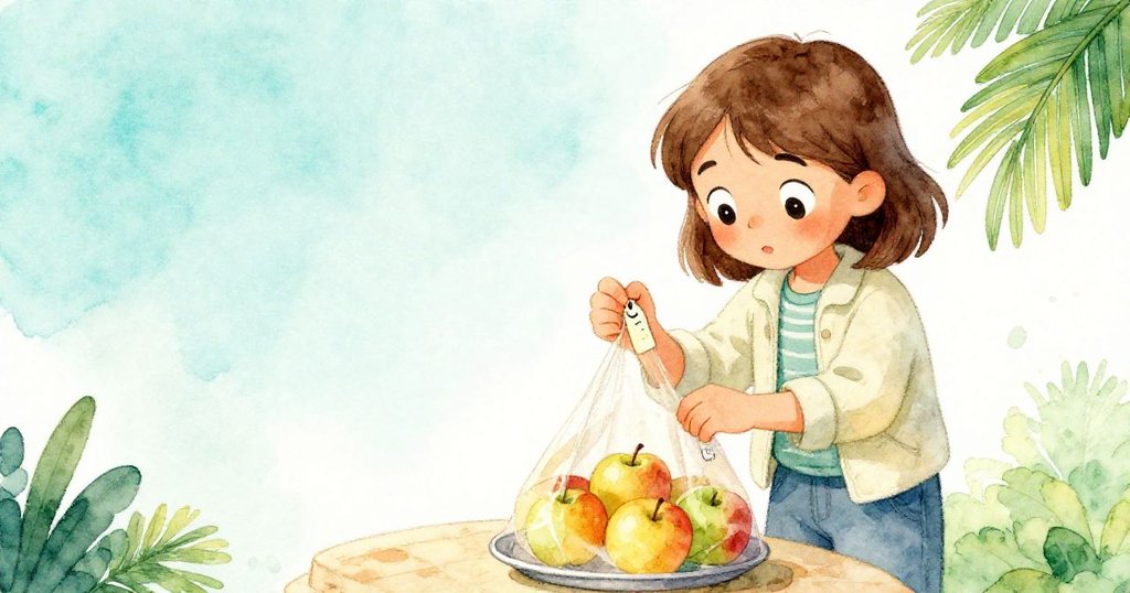 Clara正仔細檢查扣在拇指上的蠟狀標籤，並將蘋果放在金屬盤上，背景呈現數位螢幕意外錯誤。