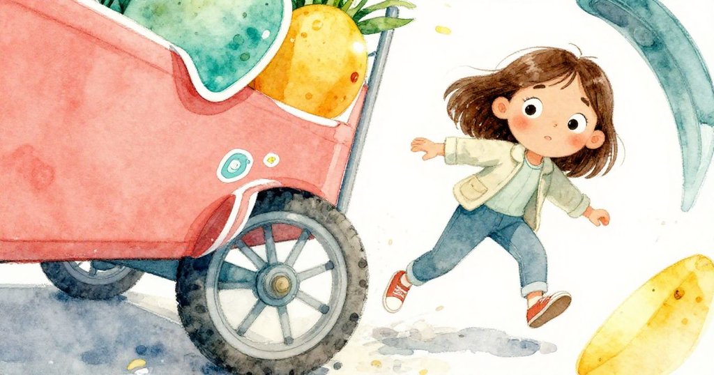 Clara的手推車輪軸上散落的貼紙以扭曲視角飛舞，呈現出動感與緊張的瞬間景象。