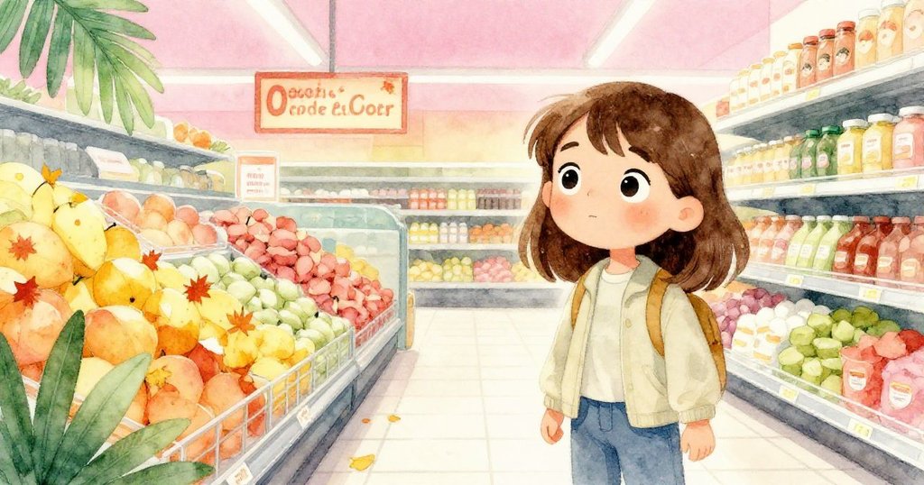 Clara在超市走道中注視著掛有十月主題的廣告，廣告展示秋天色彩，她滿懷好奇地觀看。