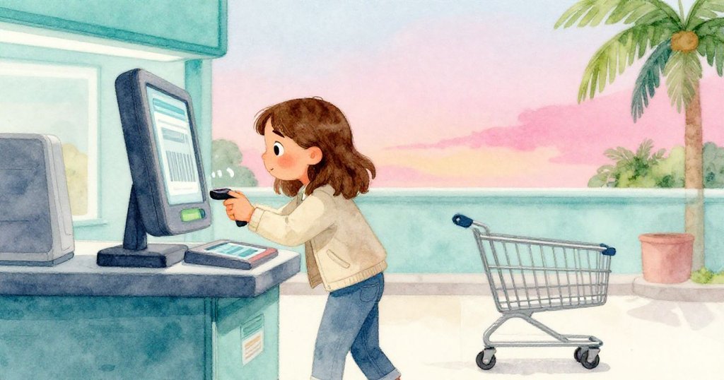 Clara在自助付款區靜靜觀看掃描正確的條碼，手推車順利推動，營造出溫暖希望的結局氛圍。