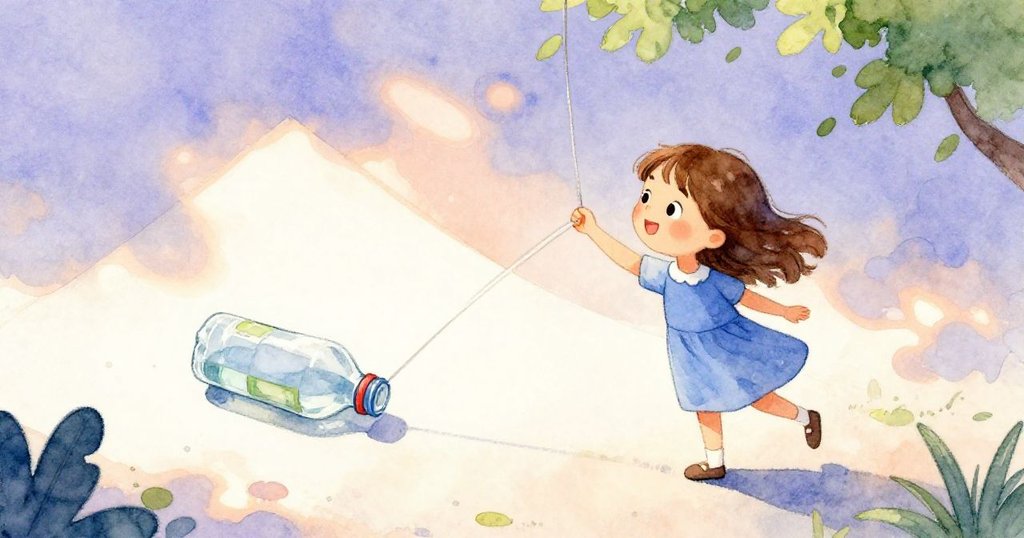 Ruby 快樂地放開繩子，懸擺的瓶子在熱紙上滑動，戶外陽光灑落，畫面傾斜呈現奇妙視角