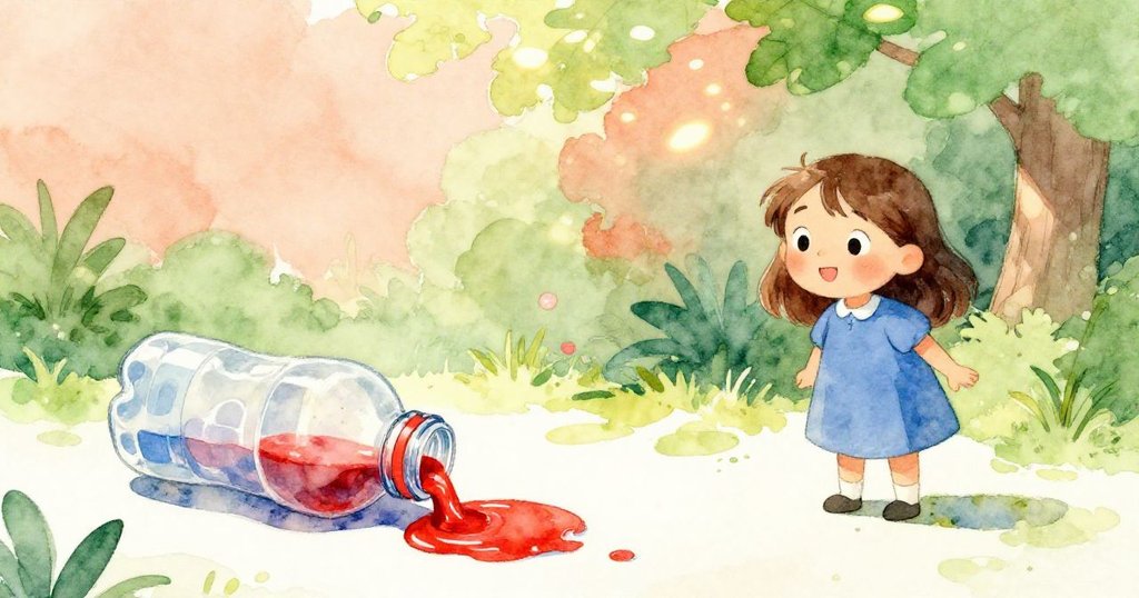 Ruby 穿藍裙站在背景中，驚訝地看著紙上濃厚油彩與滑行瓶子形成明顯對比，陽光灑落增添溫暖感