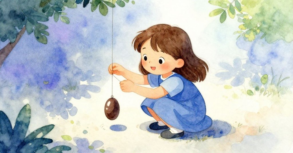 從高處俯視，Ruby 小心調整懸繩，她蹲在綠草地上，表情專注，溫柔光線灑下營造出沉穩氣氛