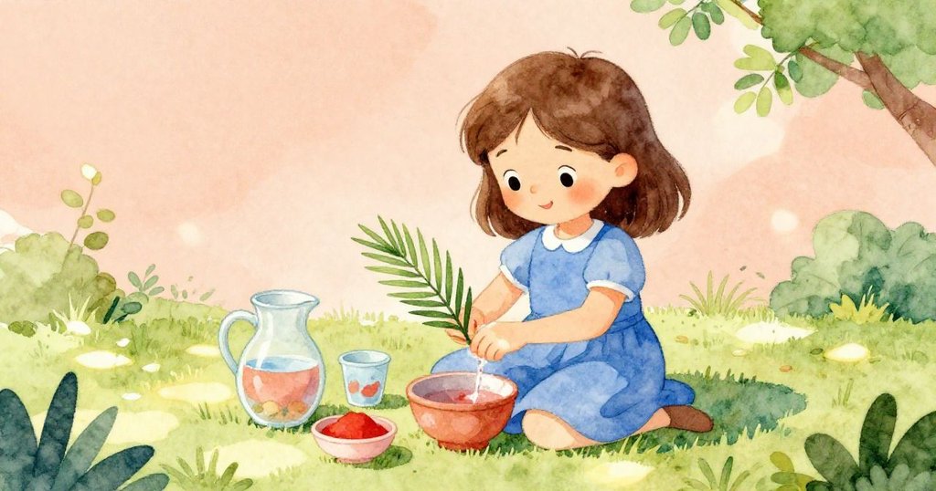 Ruby 穿藍裙在草地上忙於調配顏料，手持棕櫚葉擦拭手腕，周圍擺放著調色杯與水壺，陽光下充滿活力