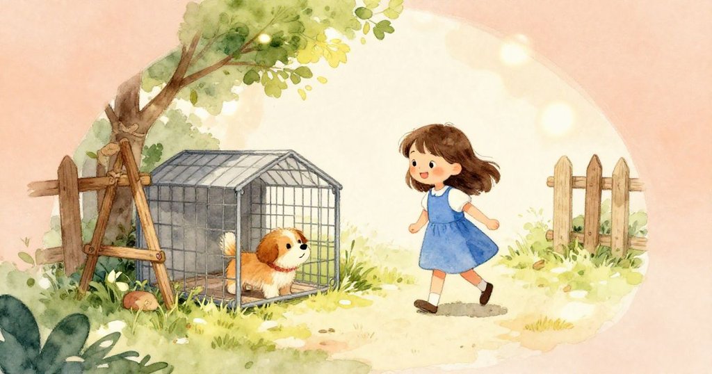 Ruby 穿藍裙優雅地退下，背景中小狗從籠子裡跑出，沿著圍欄馳騁，陽光柔和映出整體溫暖氛圍