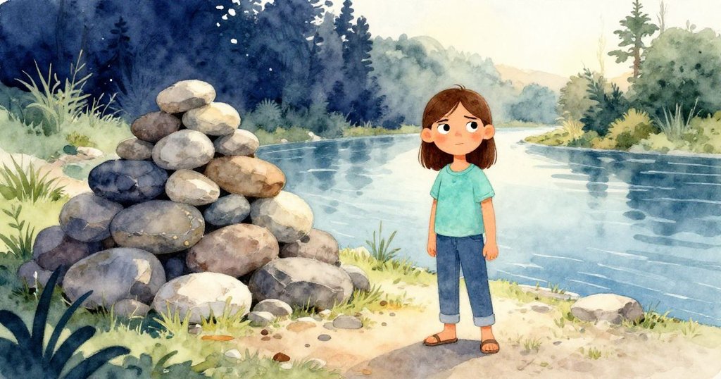 格瑞爾在傍晚陽光中於河畔石堆前蹲伏，動作專注與環境和諧，展現冒險初始的堅定與希望