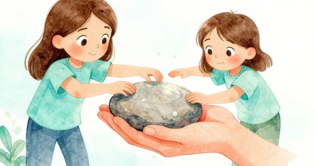 格瑞爾在夕陽下專注旋轉濕石，手部細節清晰，光線閃爍，展現她對石頭質感的細心觀察