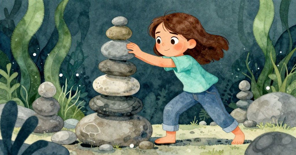 從低角度看格瑞爾專心將石頭堆疊，她的臉上充滿希望與決心，光影交錯展現冒險激情