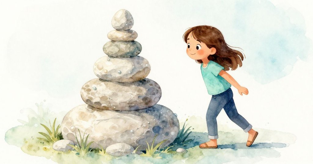 格瑞爾完成最後一塊石頭堆疊後，退後欣賞穩固上升的石塔，臉上流露出滿足與平靜，暗示故事持續延伸