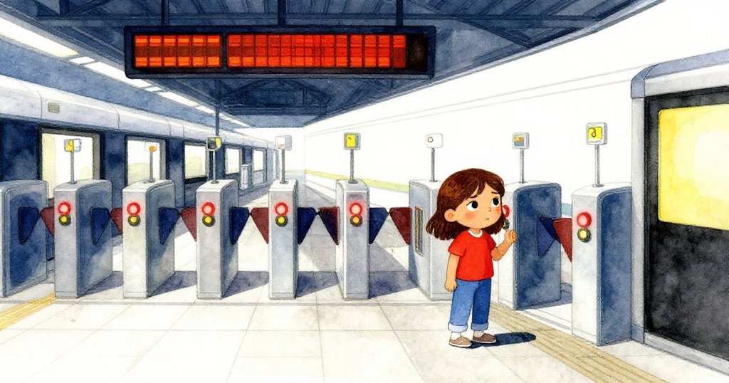 Zara在繁忙車站刷票，紅光閘門阻擋前進，背景有堅硬瓷磚、數位看板與明亮都市景色，透露出期待與困惑。