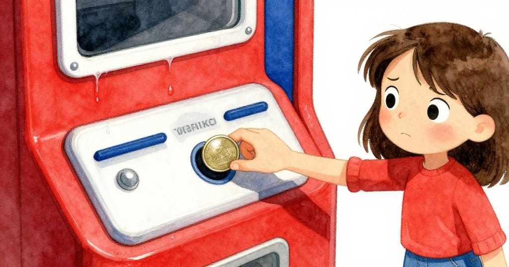 Zara細細檢視充電機，手指輕觸黏膩按鈕並小心引導硬幣入槽，神情中帶著疑惑與專注。