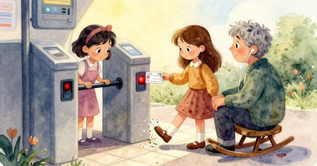 從Zara視角望向閘門紅燈閃爍，卡片未能通過，眼中流露出疑惑與堅定，背景朦朧展示都市車站。