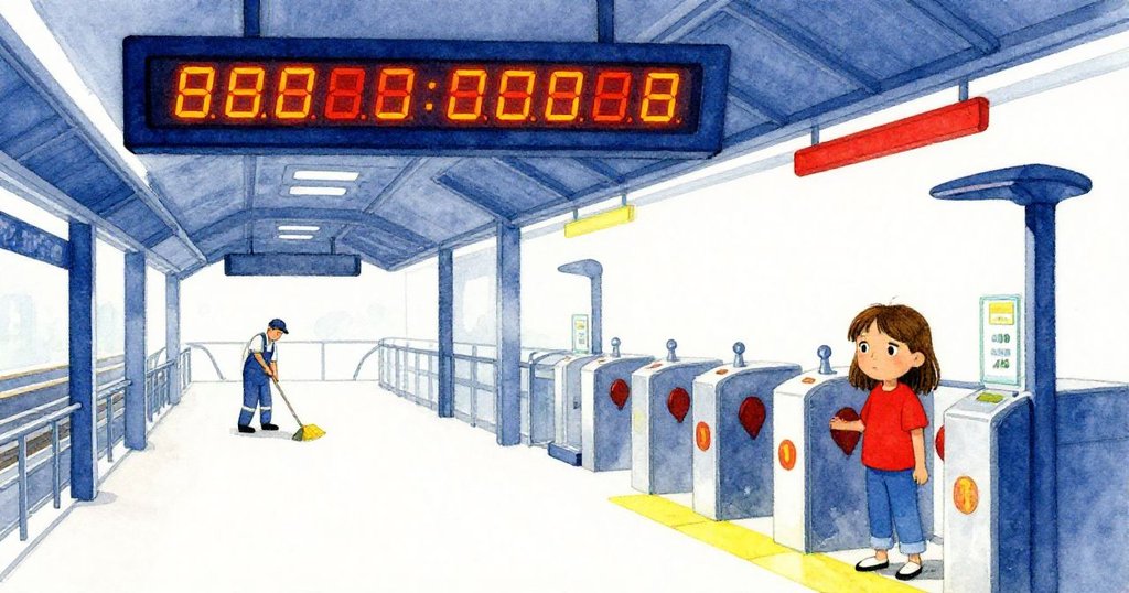 在數位看板橙色數字閃爍間，清潔工於天橋輕掃，Zara靜立於閘門前，神情沉思，寓意新旅程的隱約開始。