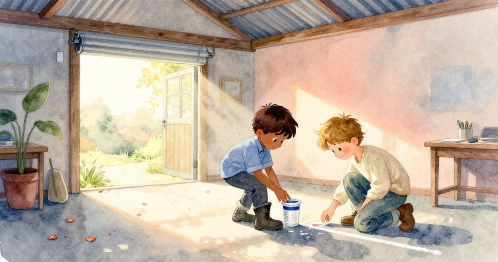 格倫與賈維斯在溫暖車間內開始工作,格倫踢著漿桶,賈維斯蹲下檢查粉筆線,光線明亮情緒專注。