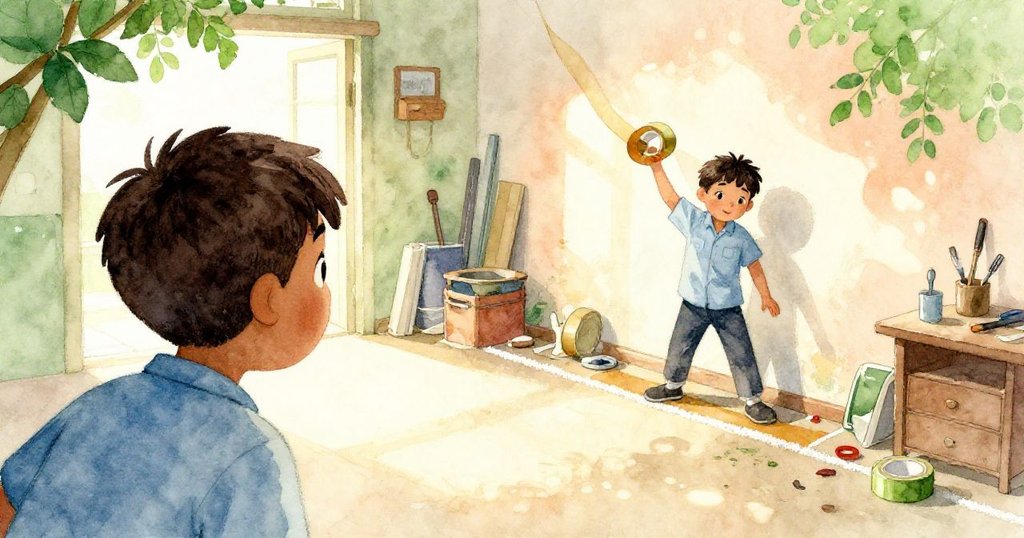 從賈維斯背後看,格倫拿著琥珀色膠帶,小心拉開鋪設邊界,光線溫暖,兩人默契互動合作。