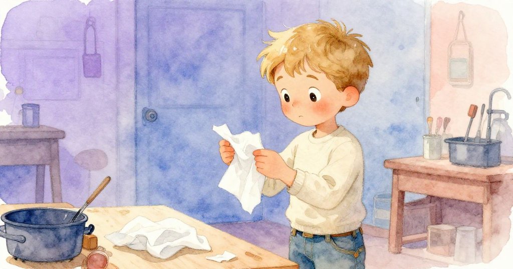 賈維斯在柔和回憶色調中比對兩塊紙巾,注意面板藍色差異,神情充滿好奇與些許憂慮,場景懷舊。