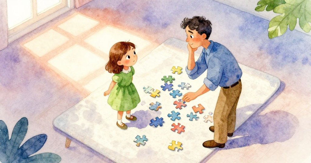 克拉拉興奮喊話，皮爾斯推後椅子，室內桌上散落拼圖碎片，光線斑駁充滿活力與創意。