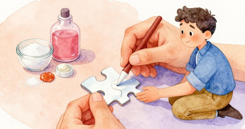 皮爾斯專注地用膠水處理拼圖邊角，手指沾染甜味，背景隱約呈現桌面細節。
