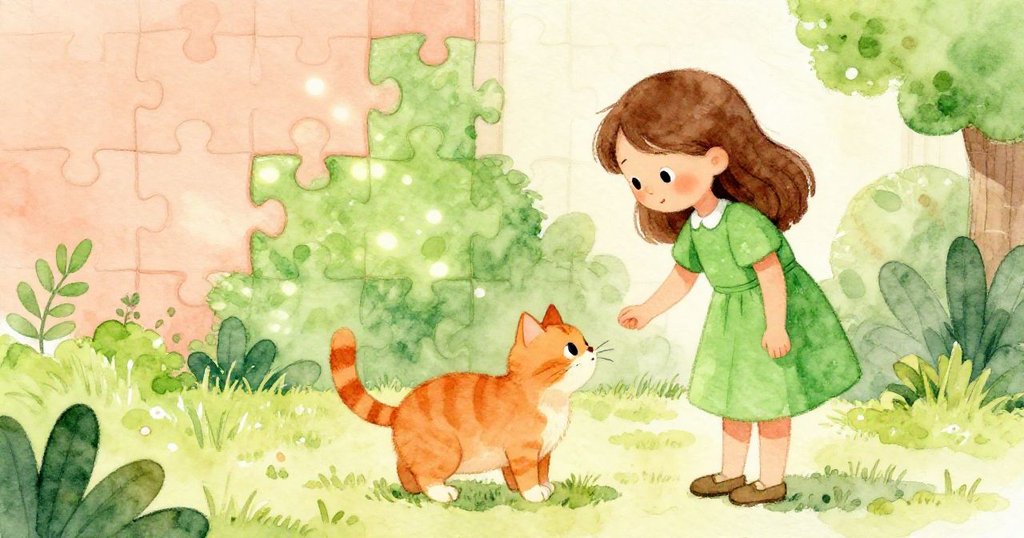 克拉拉溫柔引導姜色小貓離開室內，一半真實一半夢幻，拼圖桌上綠意盎然的幻象交織呈現。