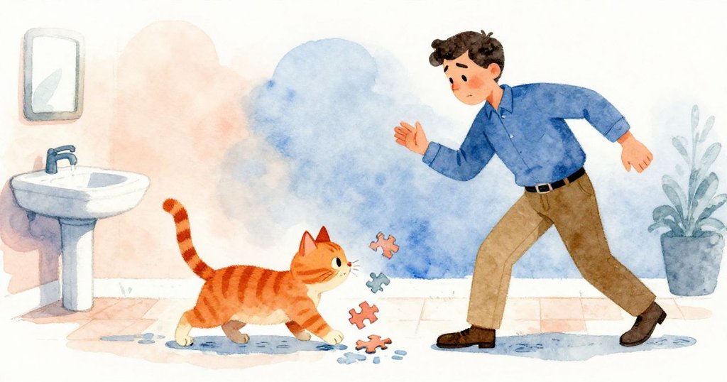 姜色小貓揮動尾巴驅使拼圖滑落，皮爾斯急忙從洗手台趕回，神情焦急動作迅速。