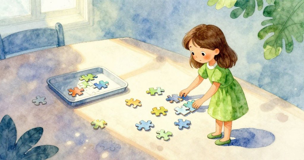 克拉拉安靜調整最後拼圖與餐盤，桌上柔和光影環繞，場景歸於平靜滿溢溫馨。