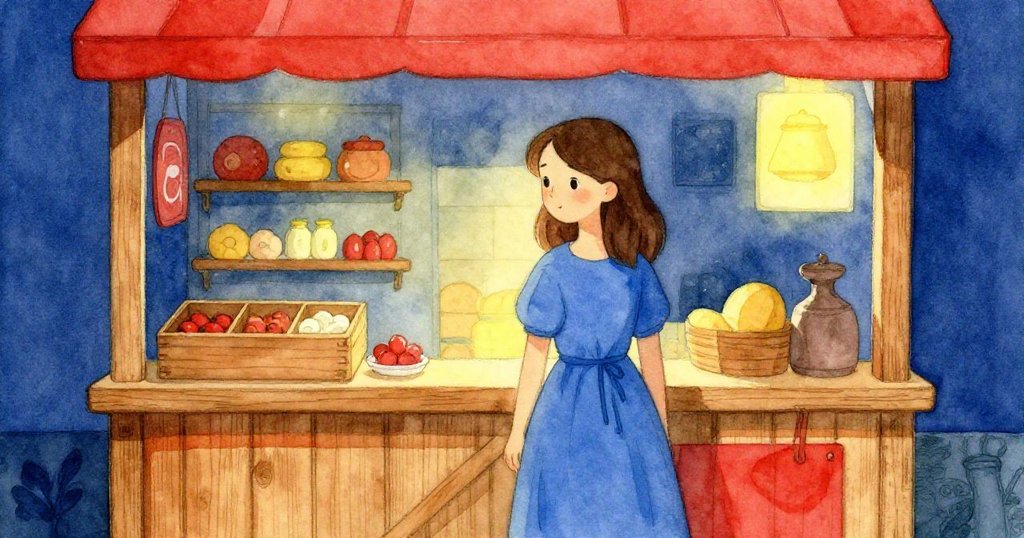 羅莎在明亮燈光下於商店內，倚靠木質食物箱，伸手觸摸邊緣，臉上帶著好奇與專注神情。