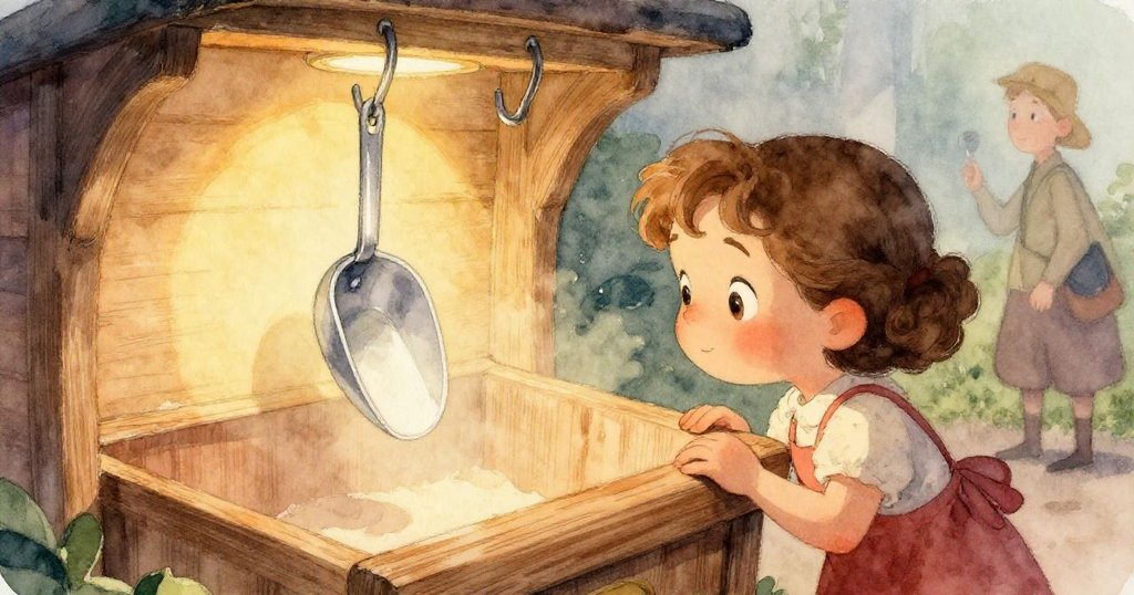 羅莎伸出手，拿起散發松樹香味的細木條，精心將其插入金屬匙旁，罩著暖光下細部見真情。