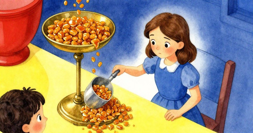 從上方視角看到羅莎試圖拔出半埋金屬匙，焦躁又專注，焦糖色顆粒流動於銅秤上，氛圍生動。