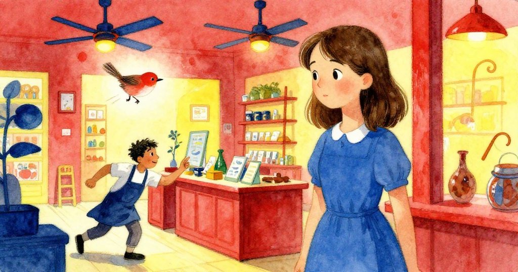 溫暖燈光下，一隻小鶯栩栩如生地掠過商店，店主緊追其後，羅莎靜立一旁觀察局勢，現場動感十足。