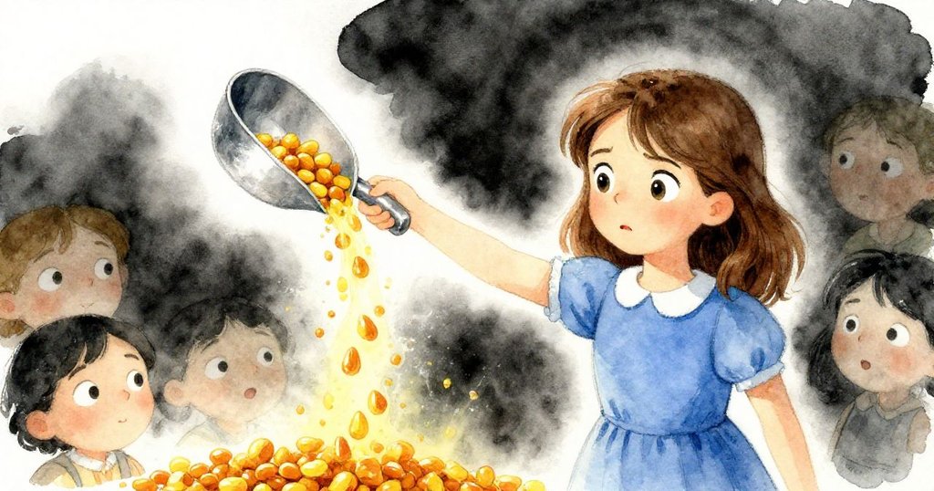 在明亮聚光下，羅莎使出巧勁，金屬匙猛然傾倒，顆粒飛散瞬間定格，展現出焦慮與成功交織的轉折時刻。