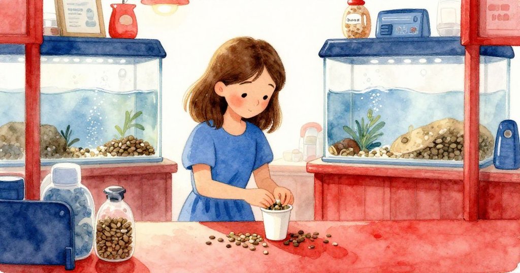 解決難題後，羅莎溫柔地以紙杯收集散落顆粒，背後水族箱氣泡連續，商店內流露出成就與平靜的溫馨情感。