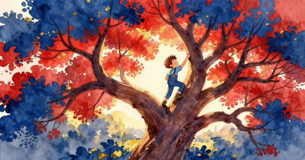 Zeke在大樹上攀爬，鳥瞰視角展現枝葉交錯，晨光灑下，充滿冒險與自然啟程的氣氛。