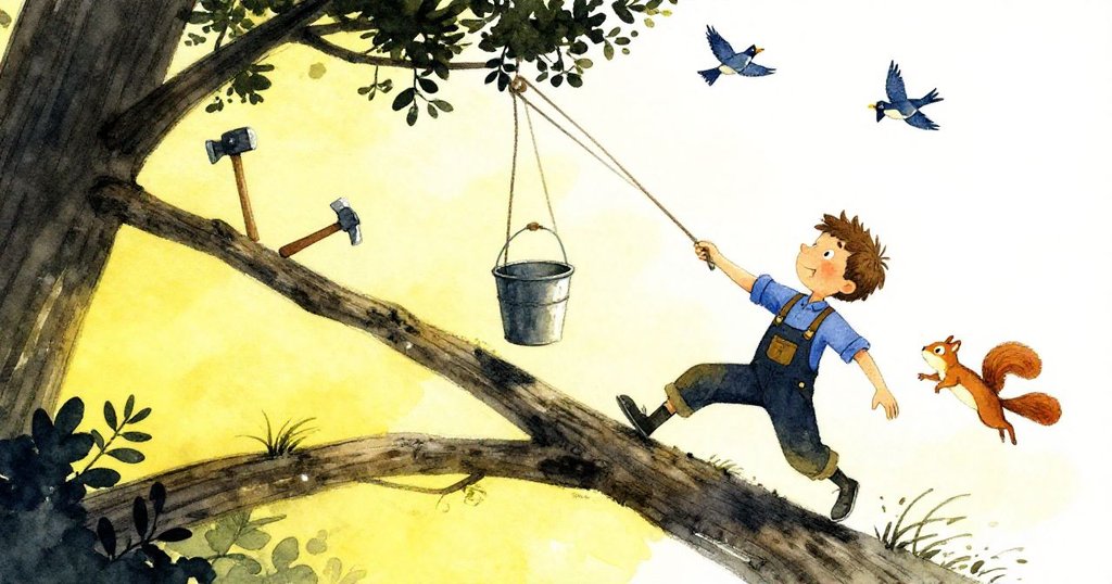 Zeke驚訝注視間，槌擊引發連鎖反應，桶子旋轉，松鼠跳躍、鳥群驚飛，動感十足的樹枝上情景。