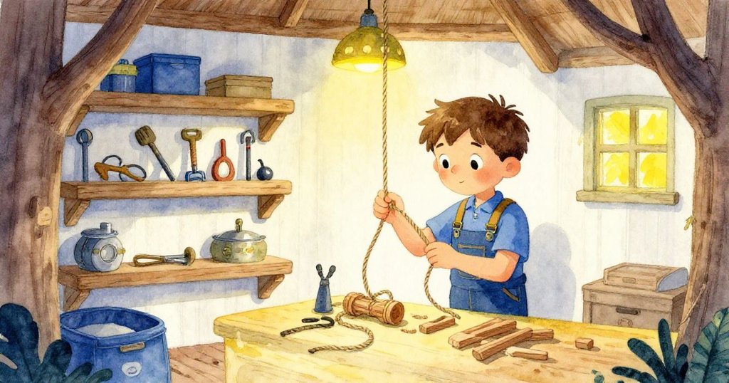 Zeke在樹屋收納室內檢查工具，整齊擺放的器具和溫暖燈光映出其專注與思考，準備穩固木板的場景。