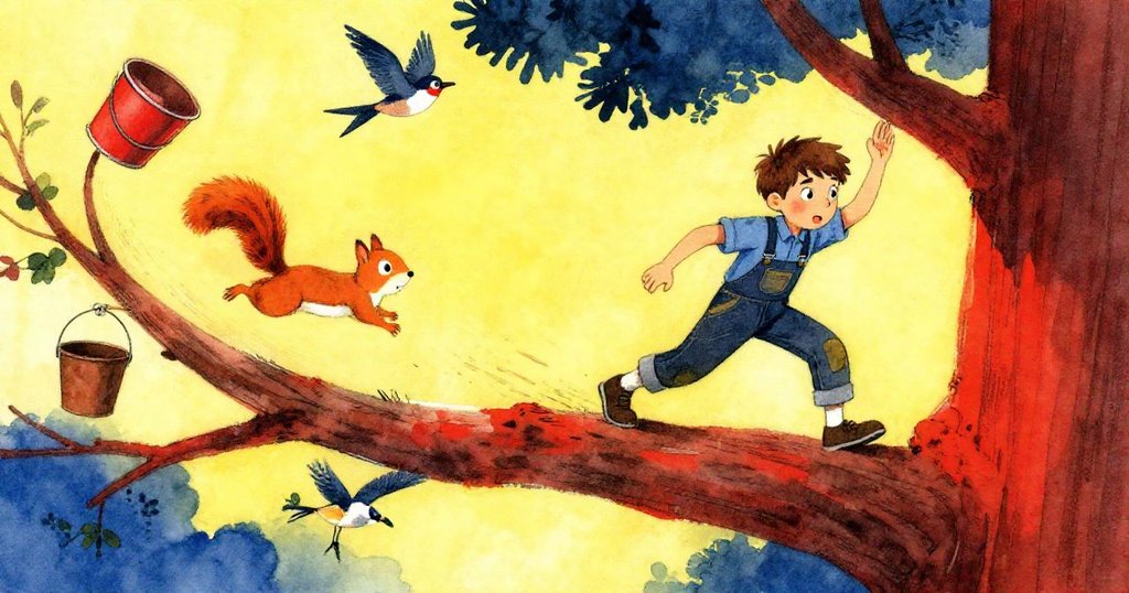 Zeke調整木板後引發連鎖反應，松鼠跳躍、鳥群驚飛、桶子旋轉，樹枝間充滿動感與活力的瞬間。