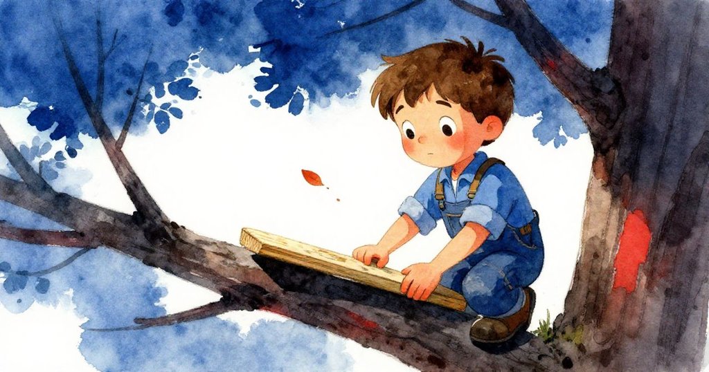 Zeke最後用力拉穩木板，穩固樹幹上結構，落葉靜靜飄下，展現平靜與反思的完美結局。