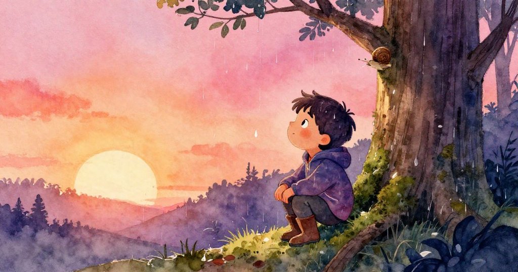 昆恩蹲在苔蘚樹幹旁，雨中仔細觀察高處閃著水滴的蝸牛，樹林充滿神秘且動感的氛圍。