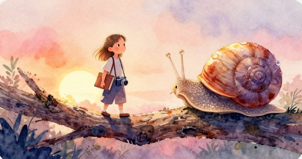 費伊手持文件仔細檢視擋路的樹枝與閃亮蝸牛，鏡頭近距離展現蝸牛細節，充滿溫暖光影效果。