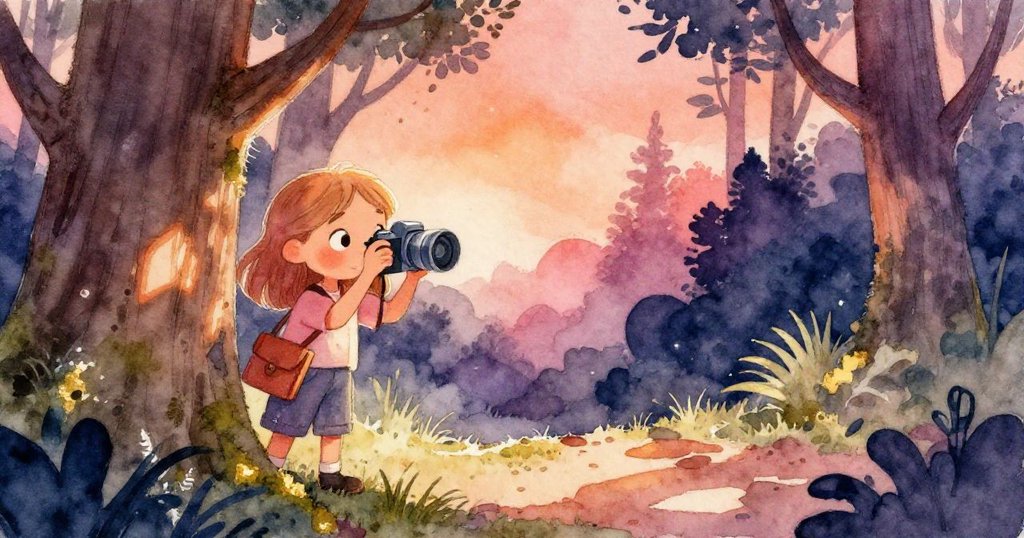 費伊透過樹幹縫隙專注拍攝，眼神堅定調整相機，雨後森林景致細膩迷人。