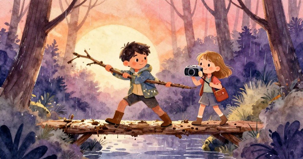 昆恩與費伊合力利用樹枝搭橋，二人互相協助，雨中森林濕滑景象中流露堅定合作的神情。