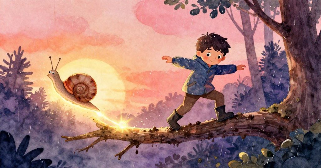 蝸牛緩緩滑行留下一道發光痕跡，昆恩沿著樹枝小心前行，雨中動感場景充滿緊張卻溫暖的氣氛。