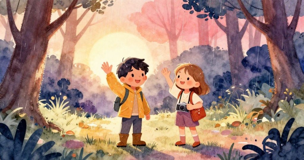 昆恩與費伊在雨後森林中揮手告別，臉上展露滿足笑容，背景呈現柔和金光與寧靜自然景致。