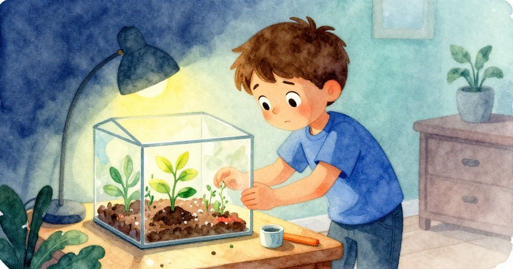 Tobias在溫暖燈光下細看搖晃的塑膠玻璃箱，表情專注，準備開始修補工作，背景溫馨寧靜。